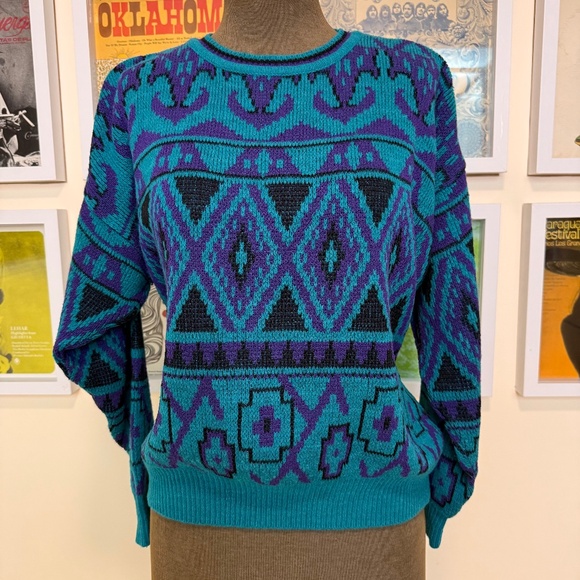 Vintage 80s Geometric Aztec Knit Sweater Blue Purple Teal - Picture 1 of 7